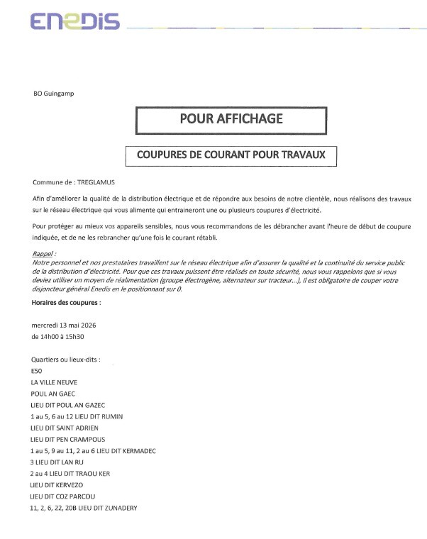 Avis coupure de courant 13 05 2026 (de 14h à 15h30)
