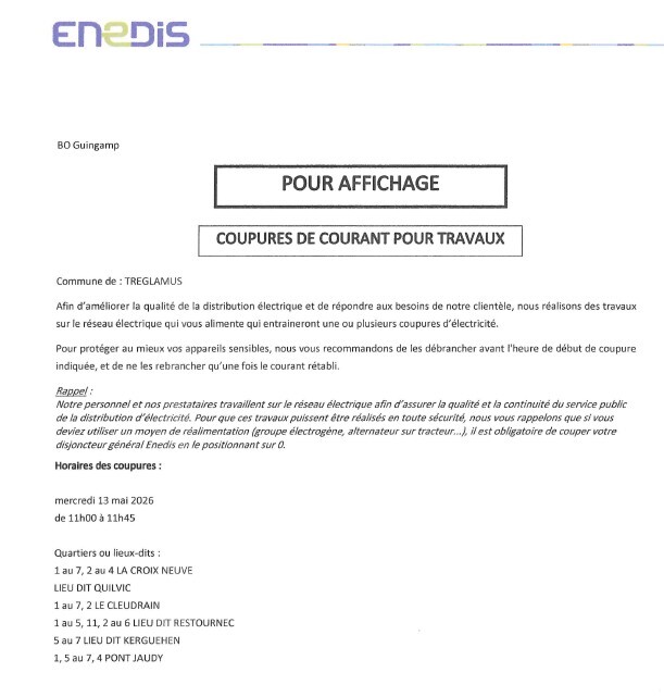 Avis coupure de courant 13 05 2026 (de 11h à 11h45)