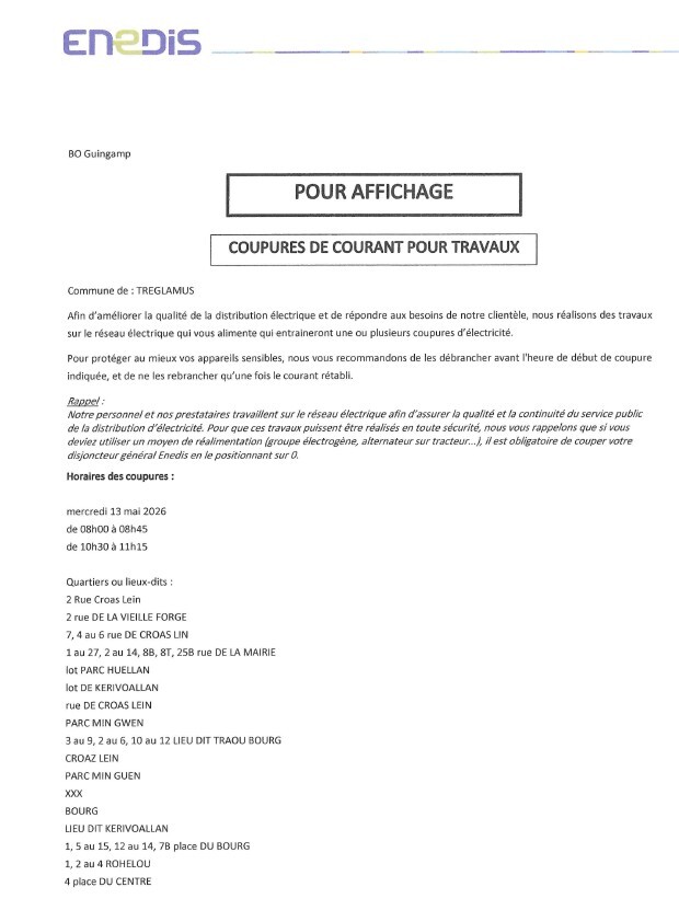 Avis coupure de courant 13 05 2026 (de 8h à 8h45 et de 10h30 à 11h15)