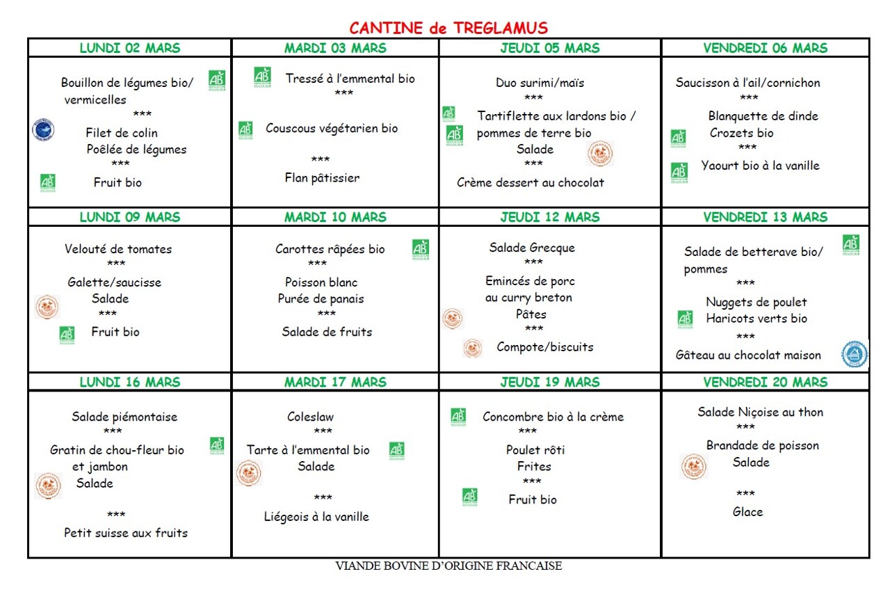 Menus du 02 au 20 mars 2026