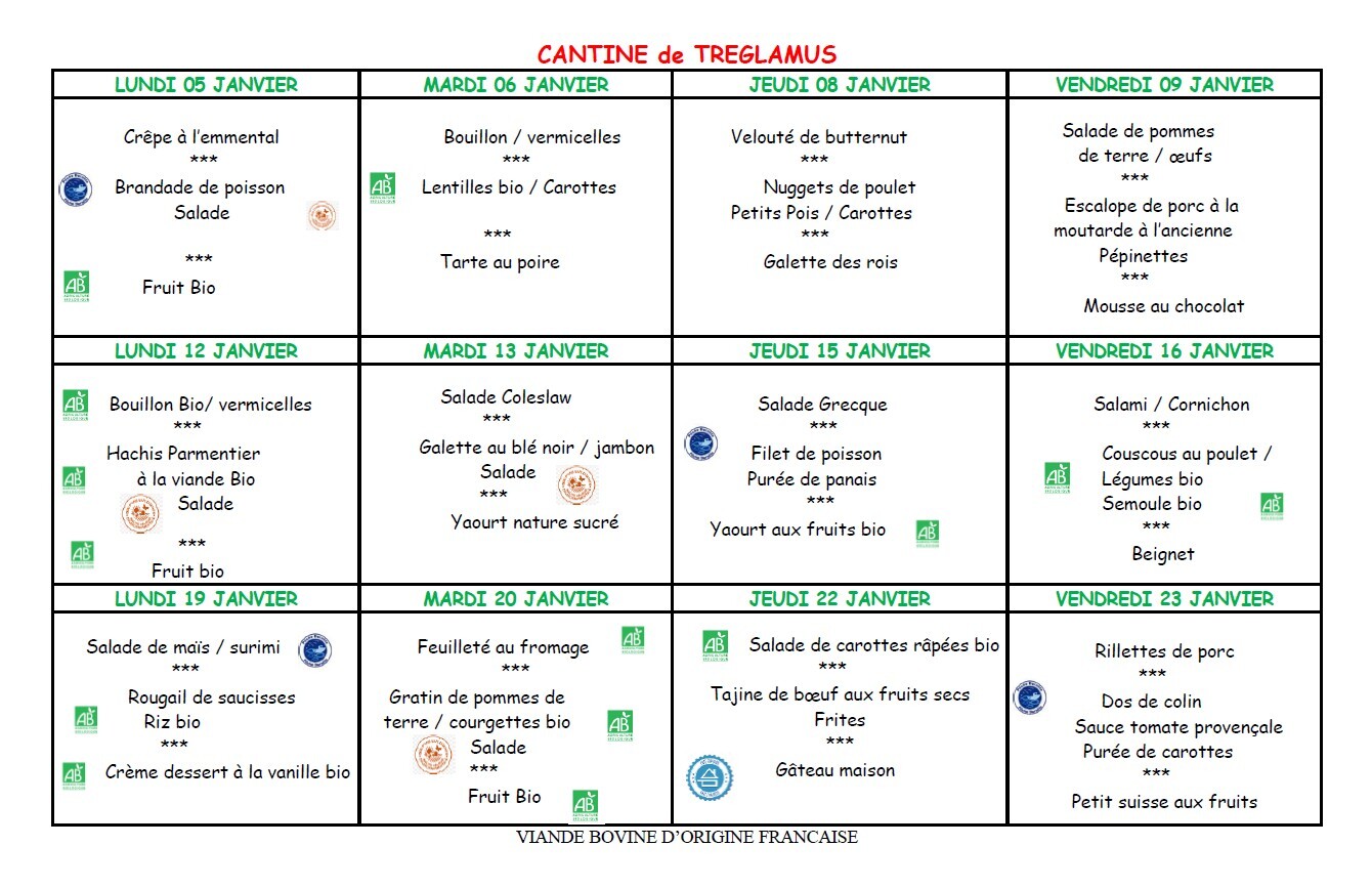 Menus du 05 au 23 janvier 2026