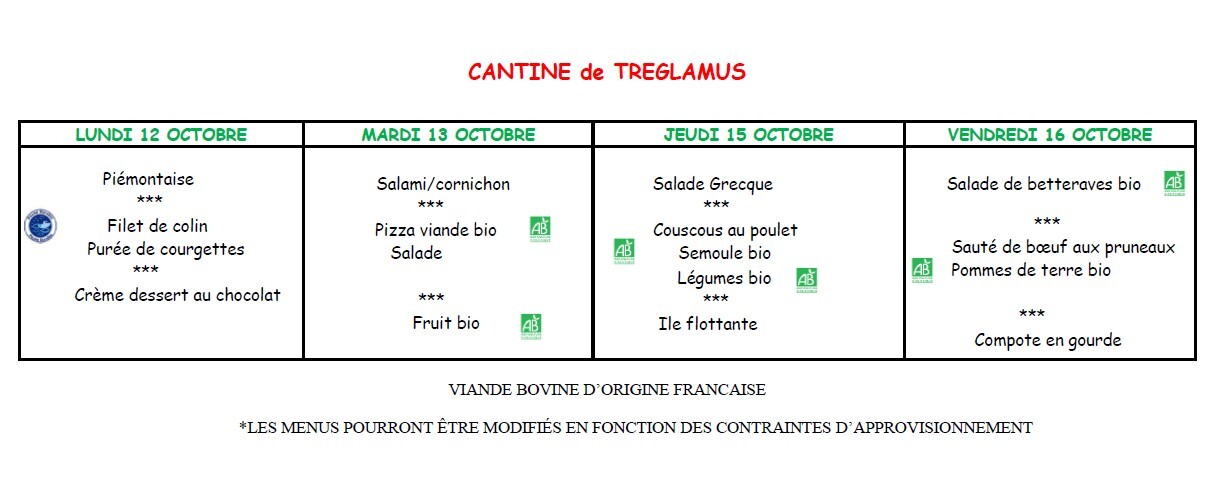 Menus du 12 au 16 octobre 2026
