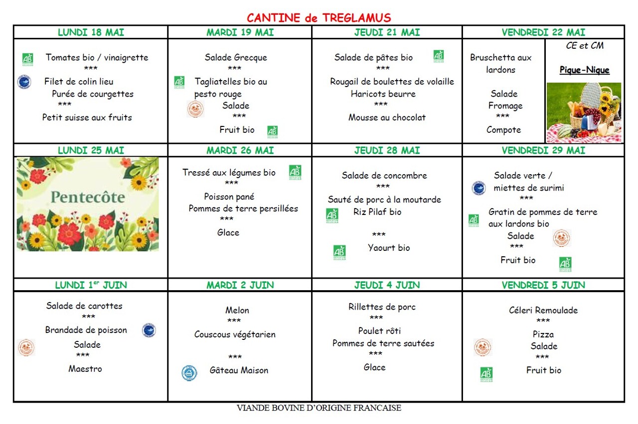 MENUS du 18 mai au 5 juin 2026
