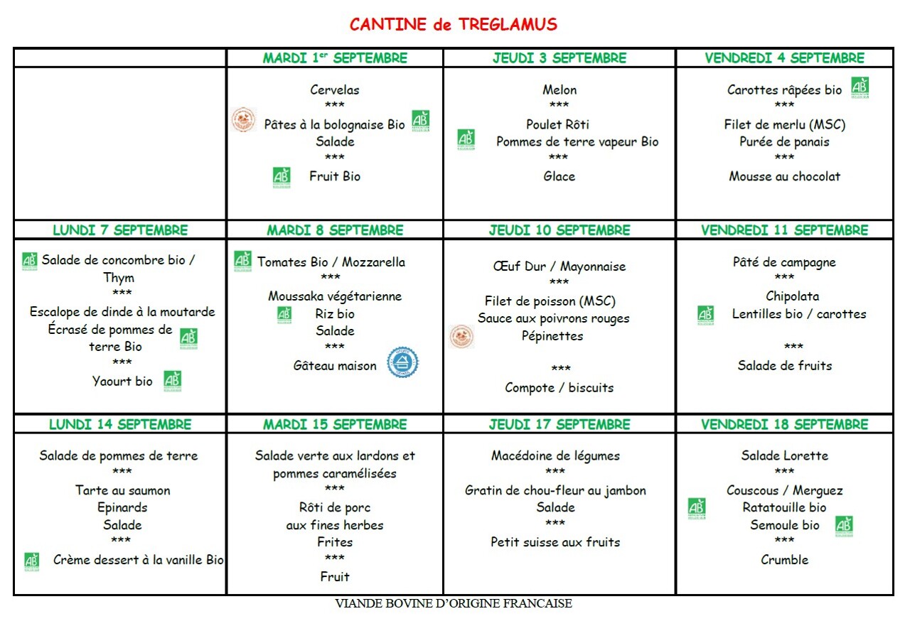 Menus du 1er au 18 septembre 2026