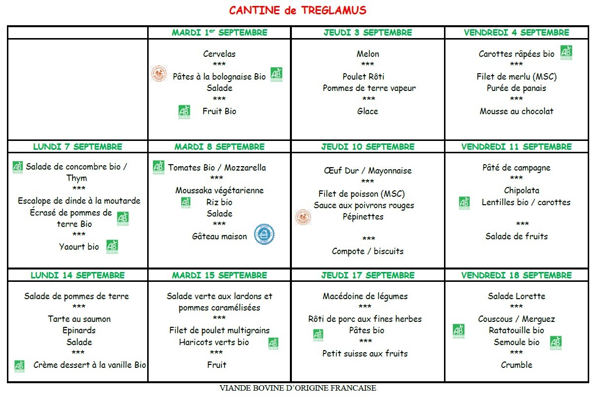 Menus du 1er au 18 septembre 2026