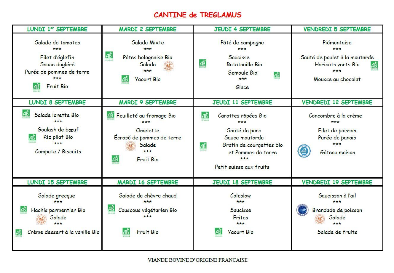 Menus du 1er au 19 septembre 2025