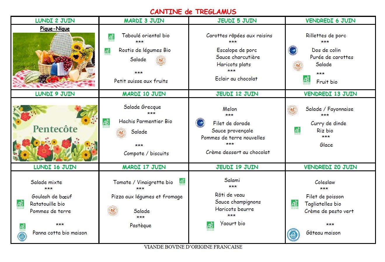 Menus du 2 au 20 juin 2025