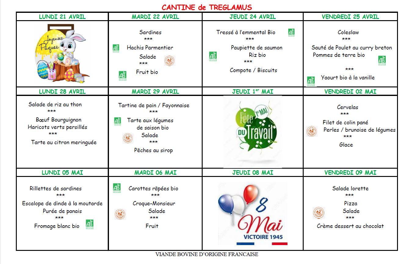 Menus du 21 avril au 09 mai 2025
