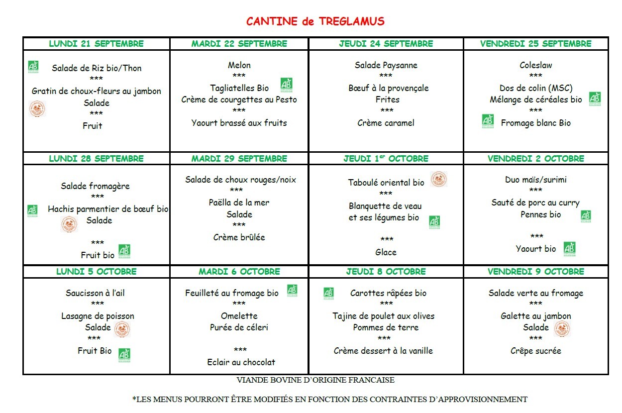 Menus du 21 septembre au 09 octobre 2026