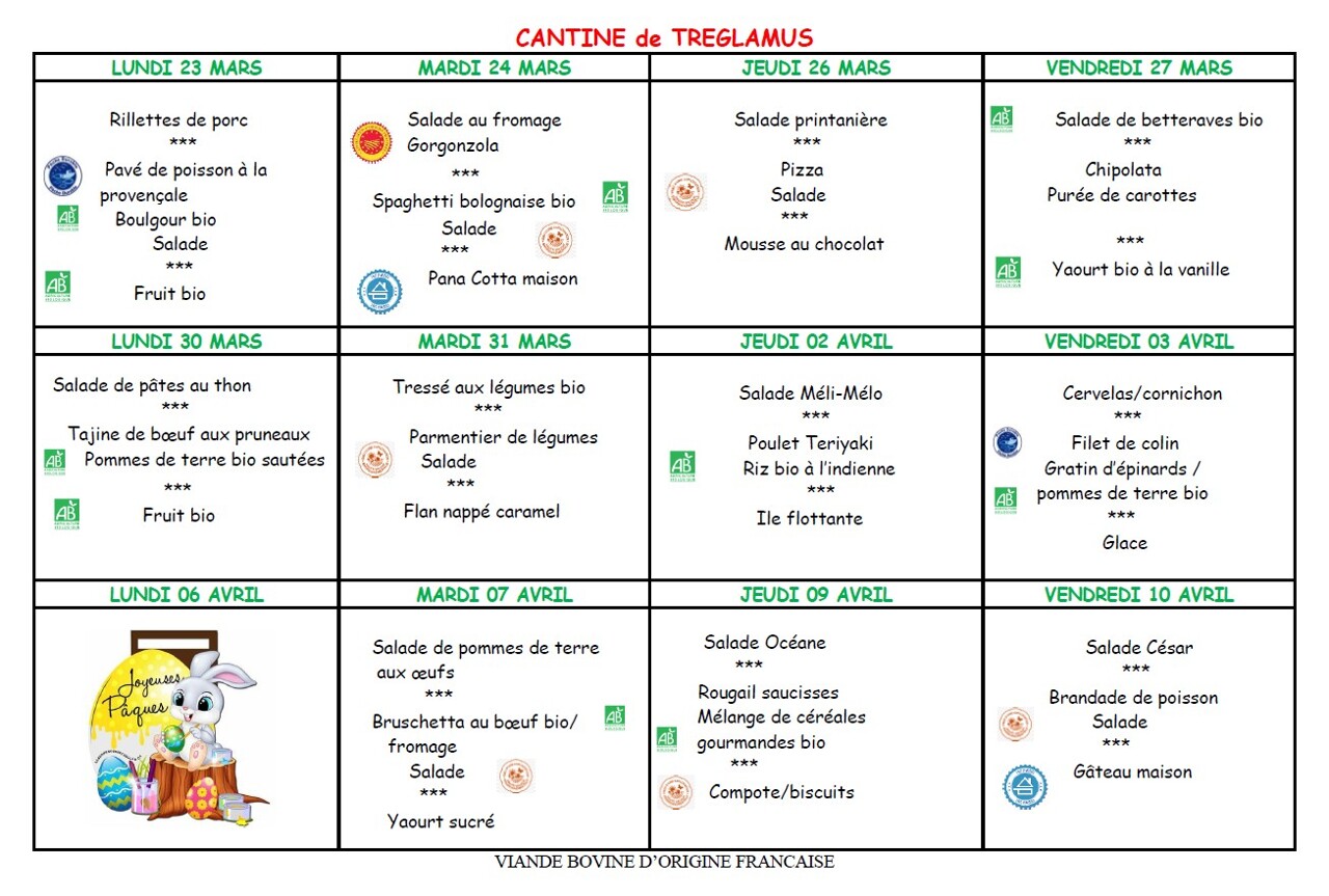 Menus du 23 mars au 10 avril 2026