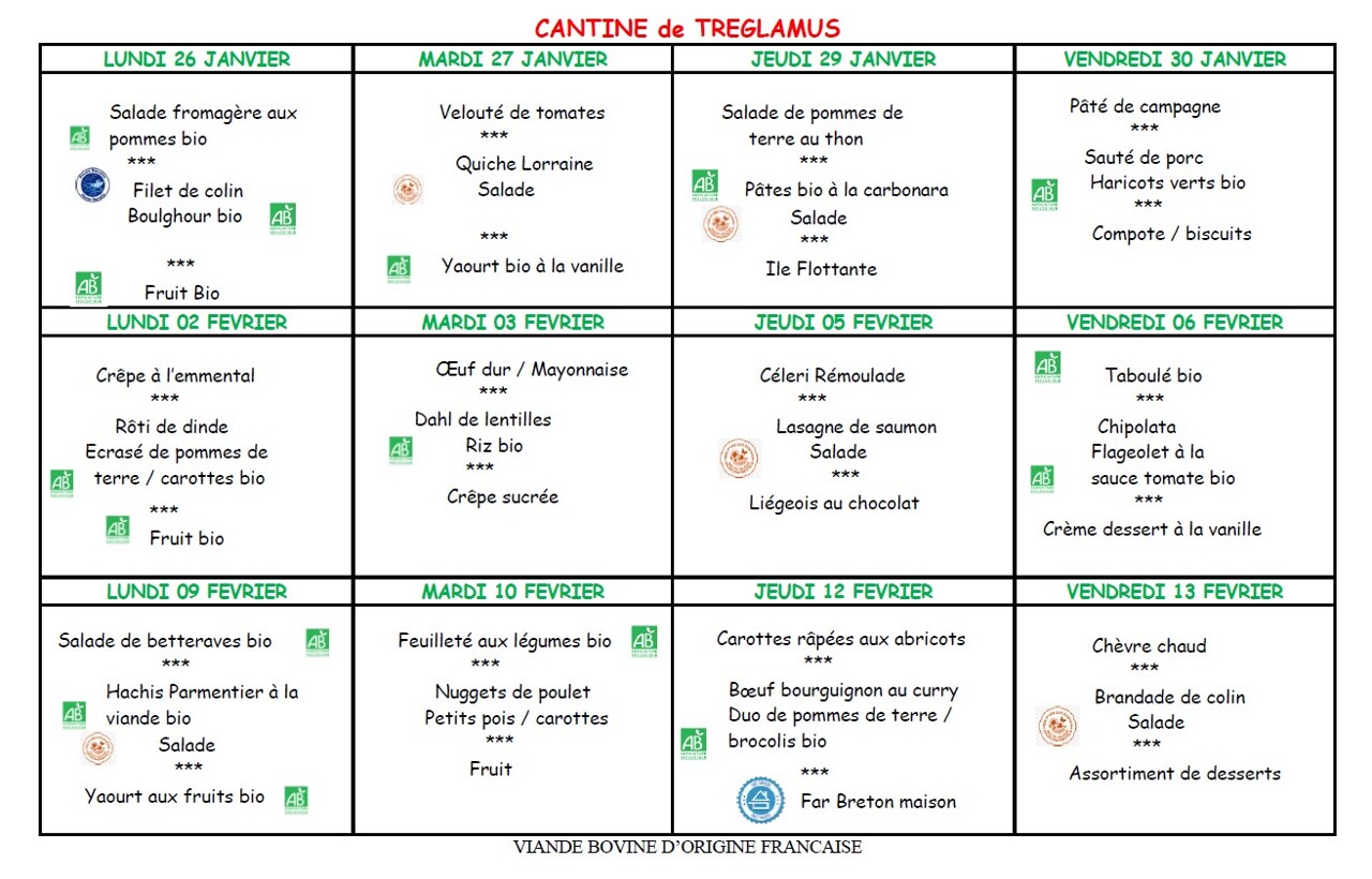 Menus du 26 janvier au 13 février 2026