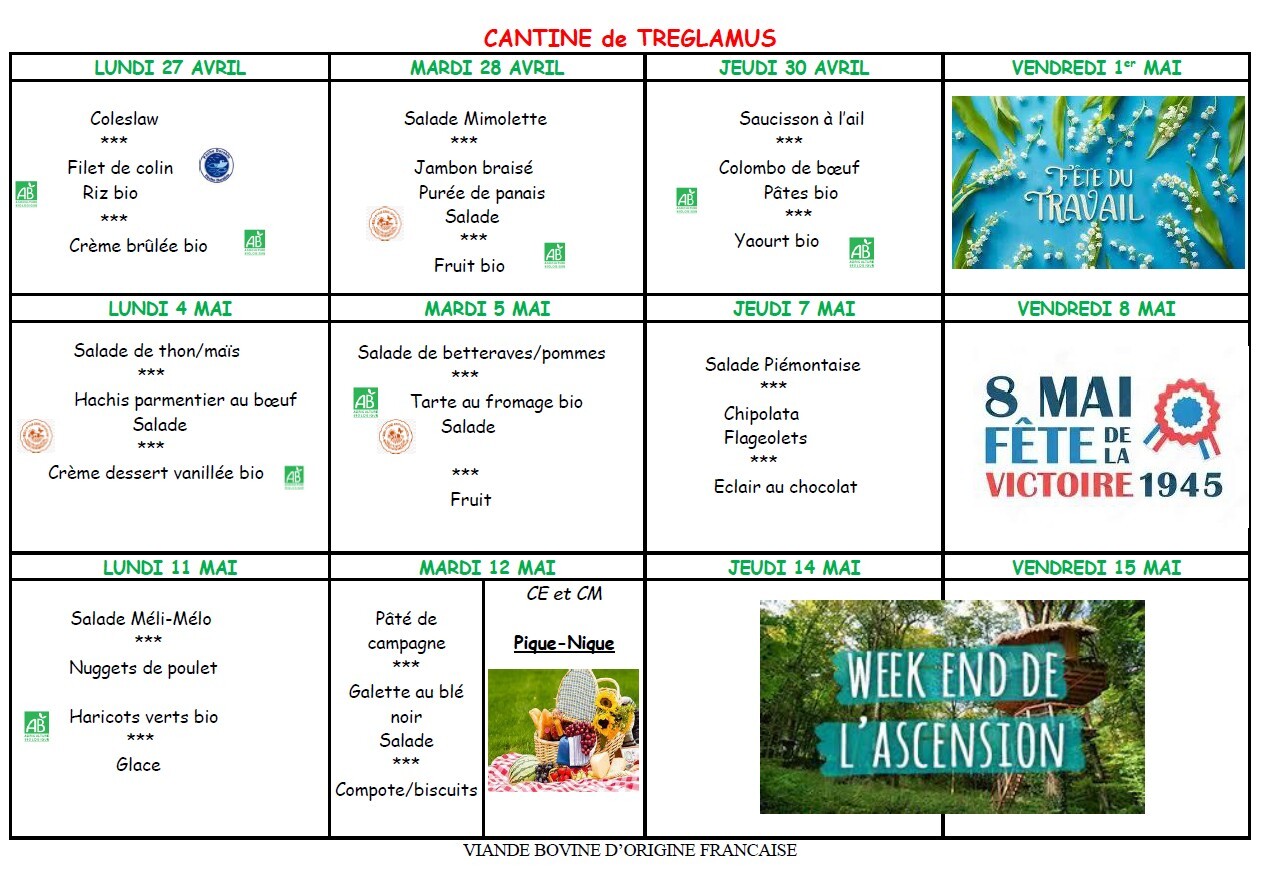 Menus du 27 avril au 15 mai 2026
