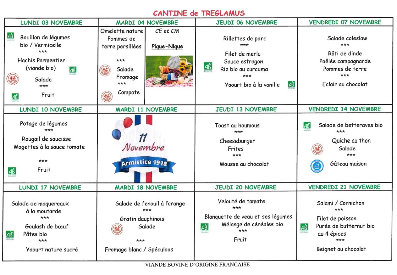 MENUS du 3 au 21 novembre 2025