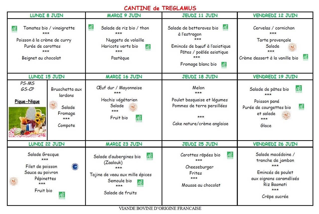 Menus du 8 au 26 juin 2026